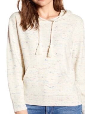 J. Crew Cream Speckled Tassel Hoodie with Kangaroo Front Pocket | XS